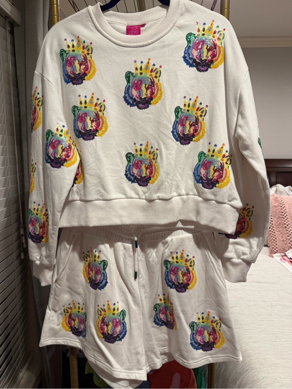 White Two-Piece Sweatshirt & Shorts Set with Colorful Crowned Tiger